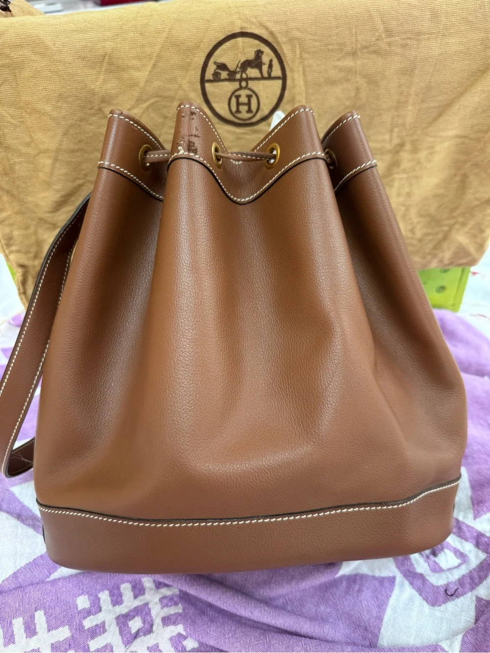 Hermes Brown Leather Drawstring Bucket Handbag - Courchevel